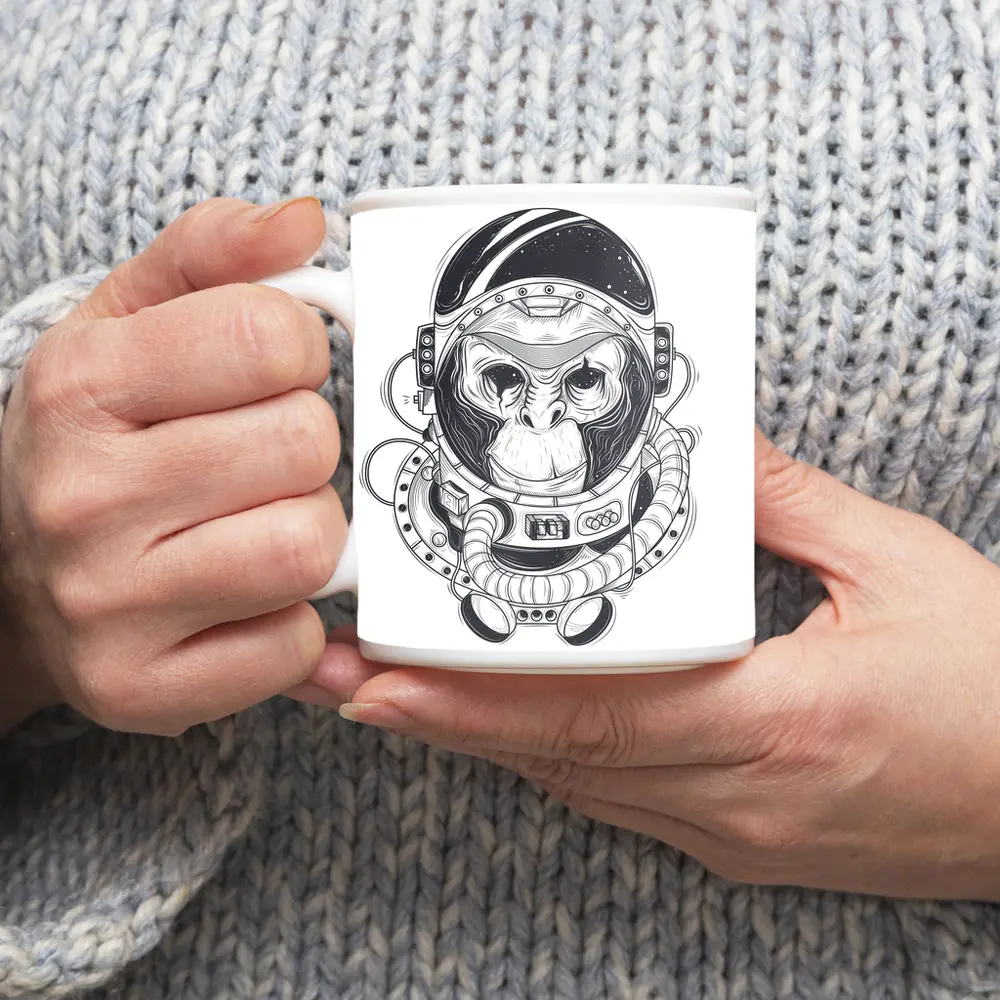 Chimp Astronaut Space Suit Black White – Mugs