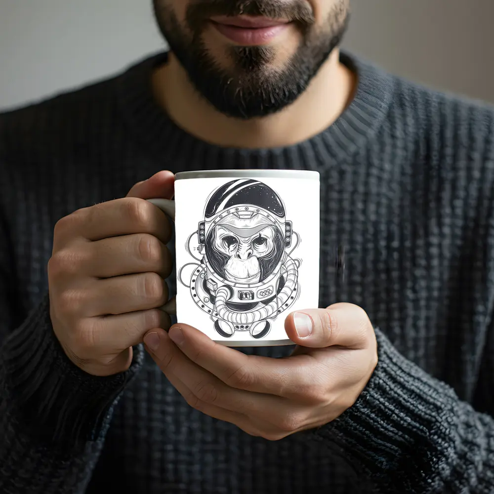 Chimp Astronaut Space Suit Black White – Mugs