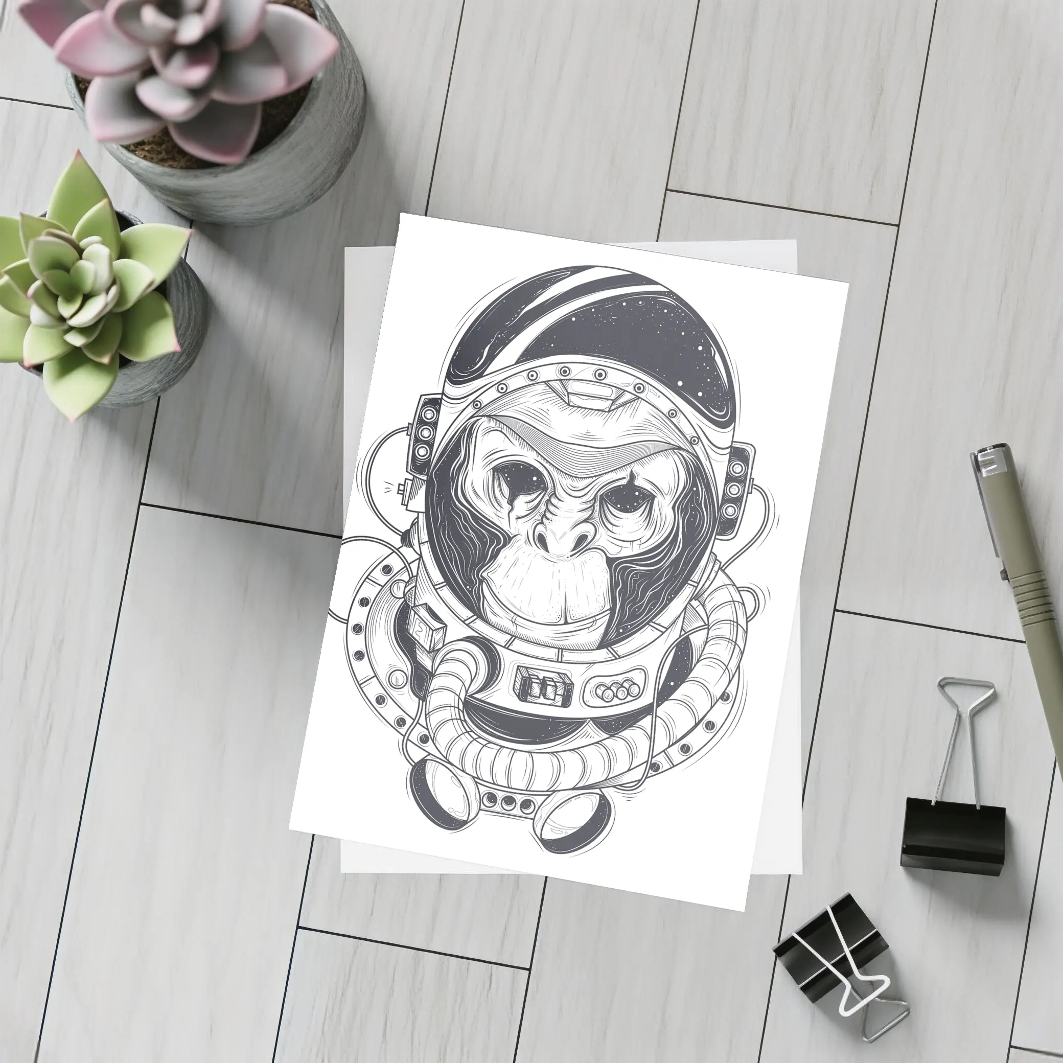 Chimp Astronaut Space Suit Black White – Postcards
