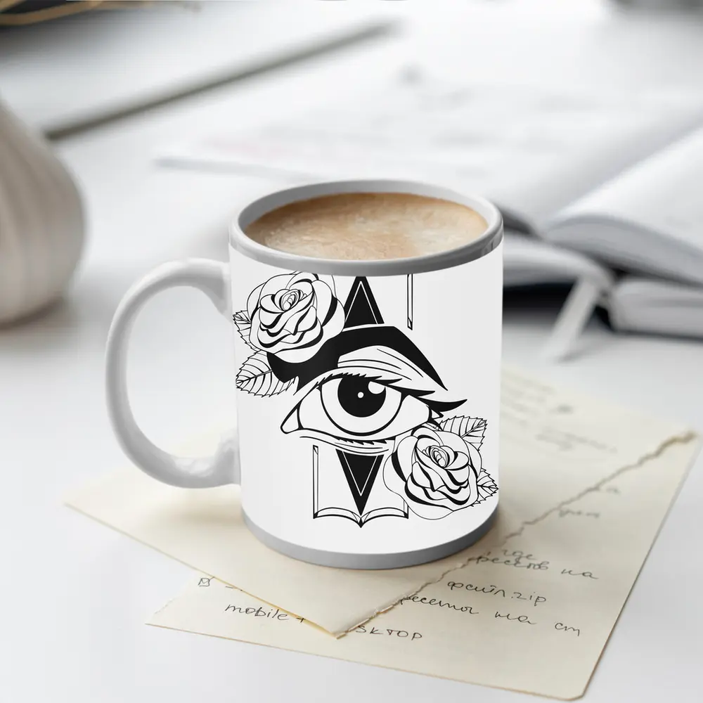 All Seeing Eye Roses Black White Tattoo – Mugs