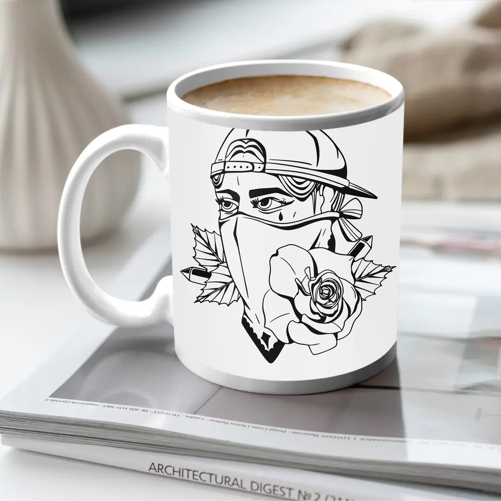 Masked Figure Snapback Rose Tattoo Art – Mugs