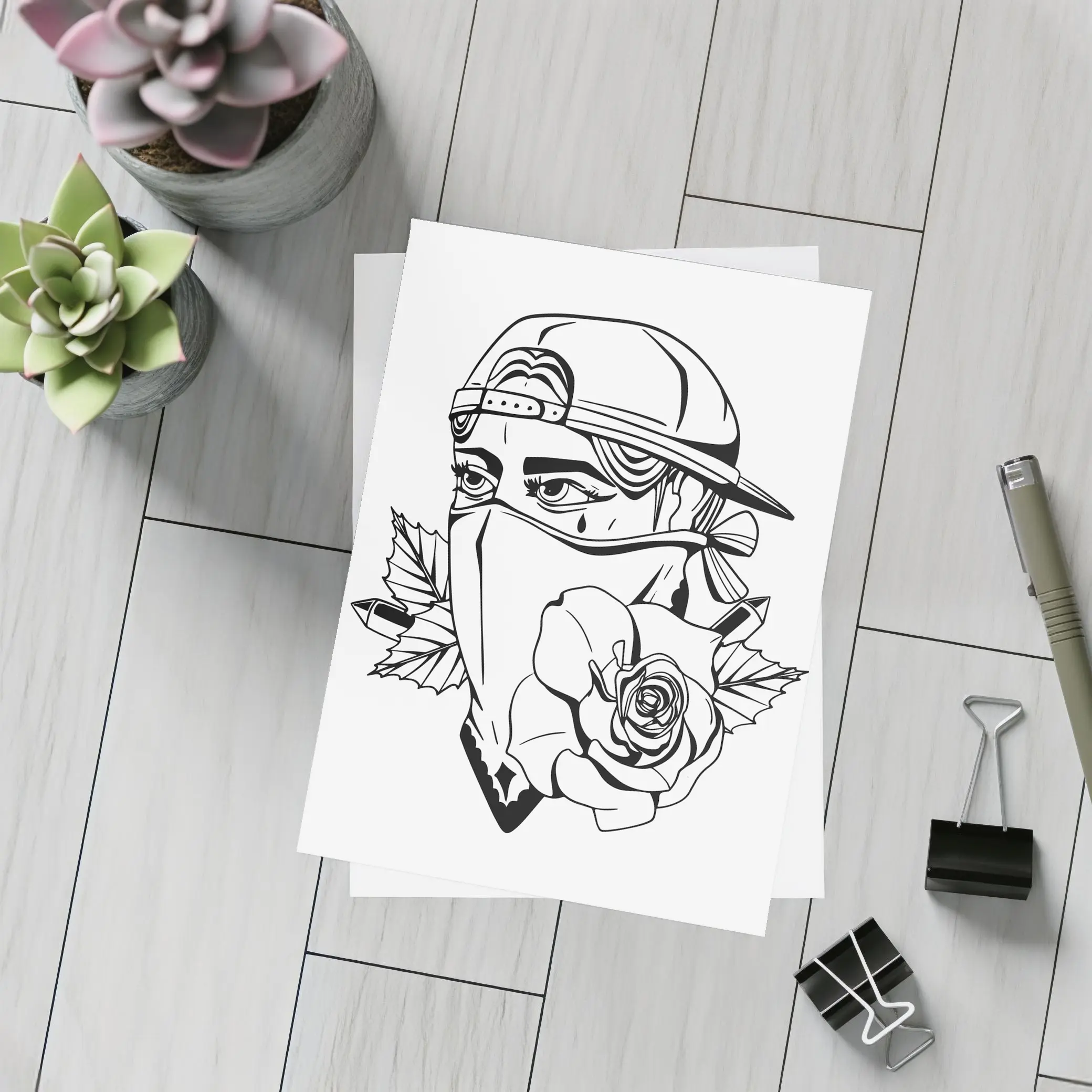 Masked Figure Snapback Rose Tattoo Art – Postcards