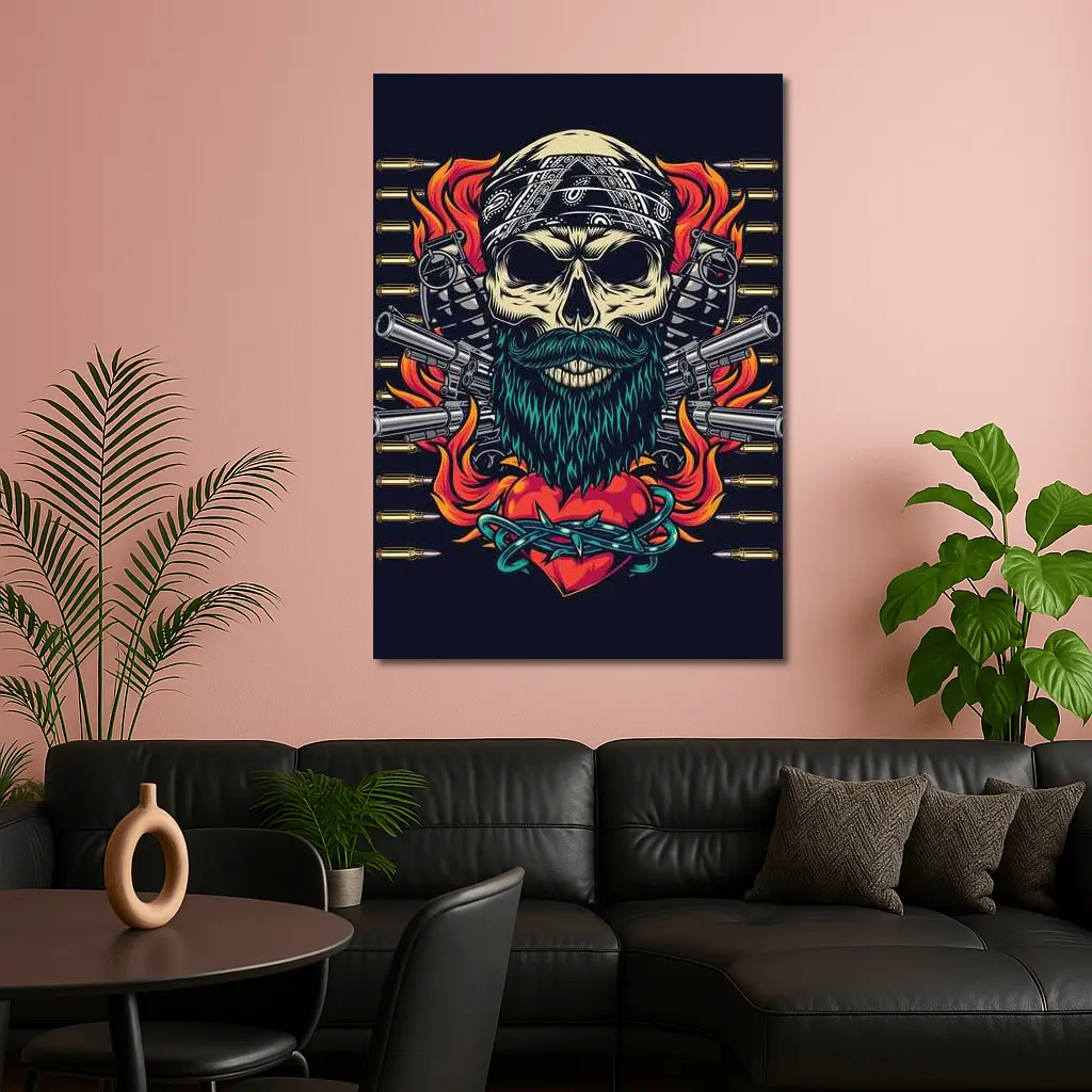 Bearded Skull Guns Flames Dark Background – Wall Art
