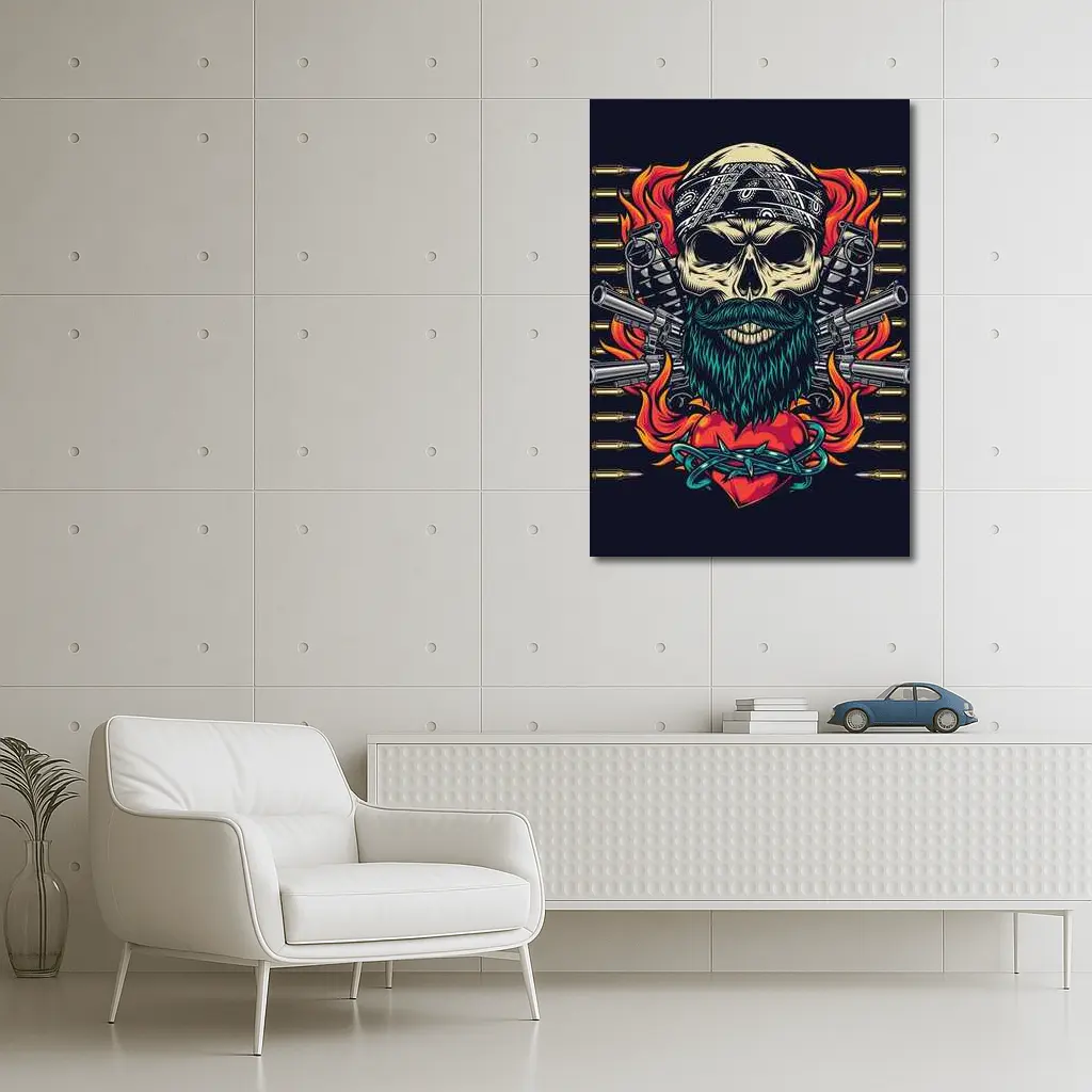 Bearded Skull Guns Flames Dark Background – Wall Art