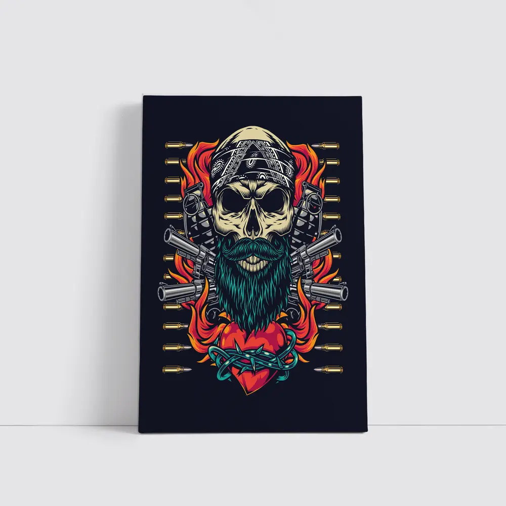 Bearded Skull Guns Flames Dark Background – Wall Art