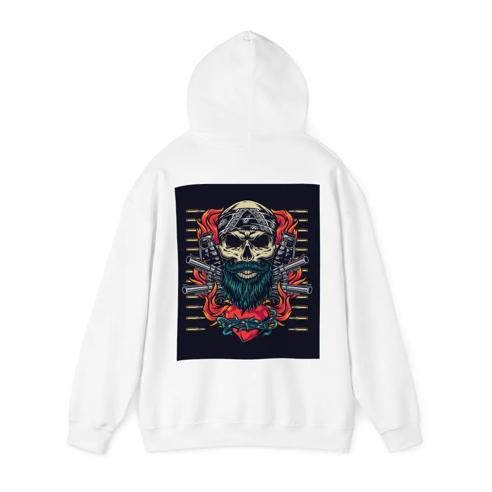 Bearded Skull Guns Flames Dark Background – Hoodies