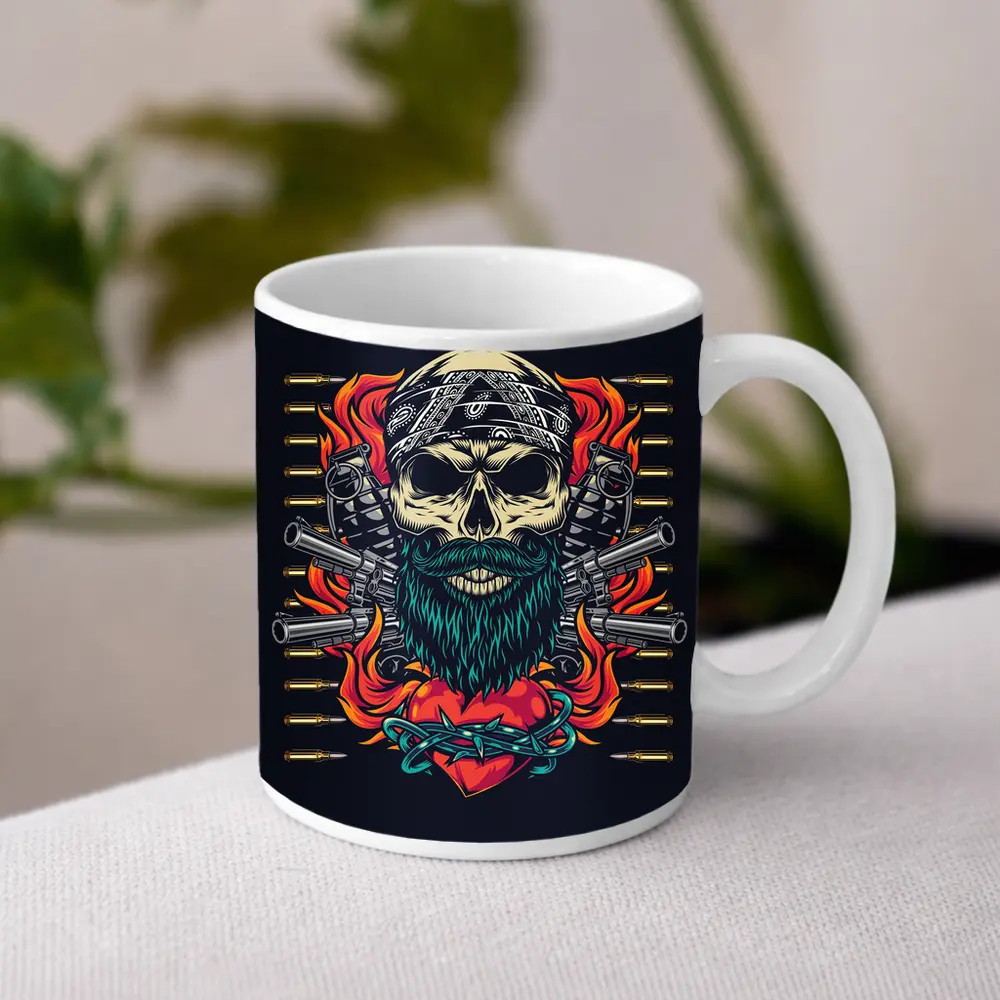 Bearded Skull Guns Flames Dark Background – Mugs