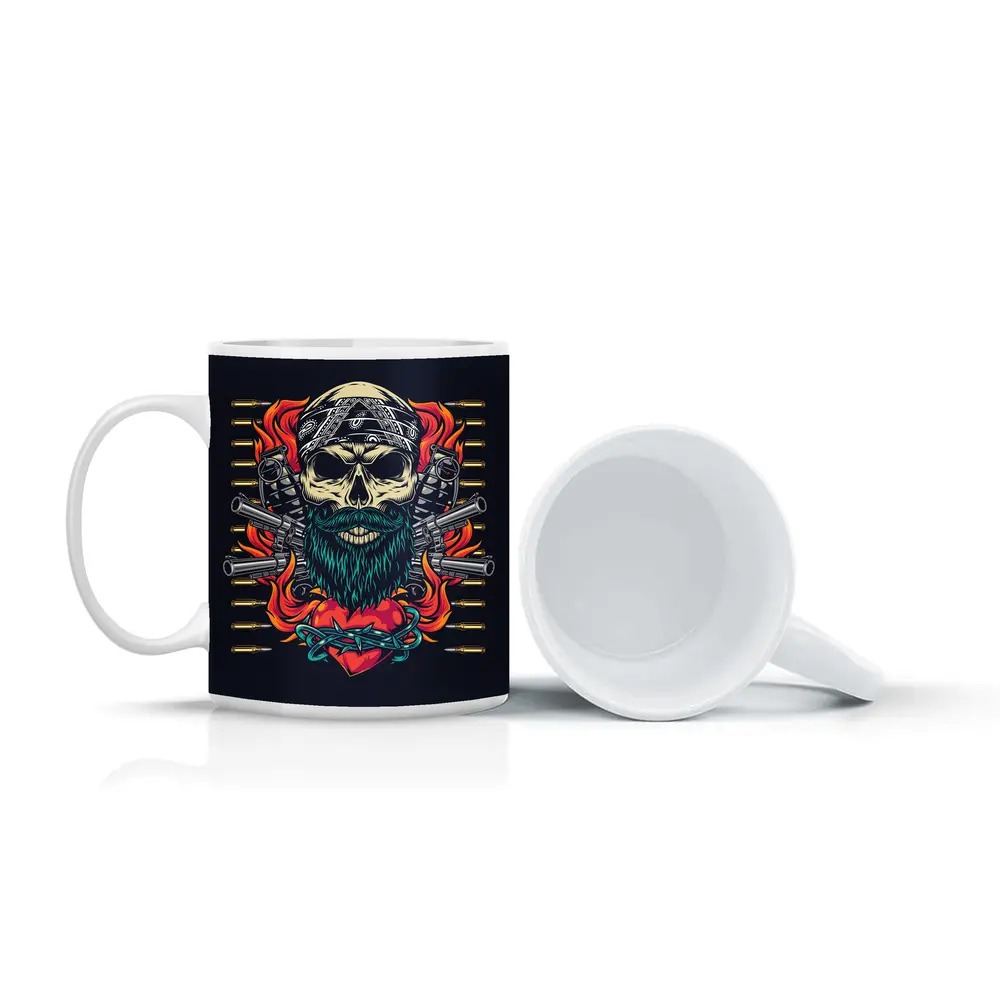 Bearded Skull Guns Flames Dark Background – Mugs