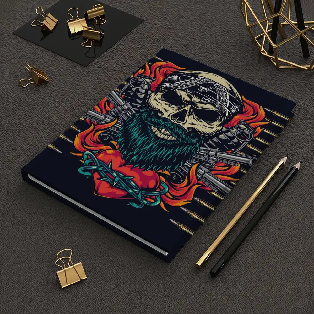 Bearded Skull Guns Flames Dark Background – Notebooks