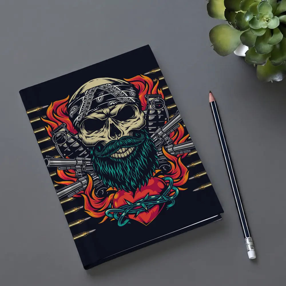 Bearded Skull Guns Flames Dark Background – Notebooks