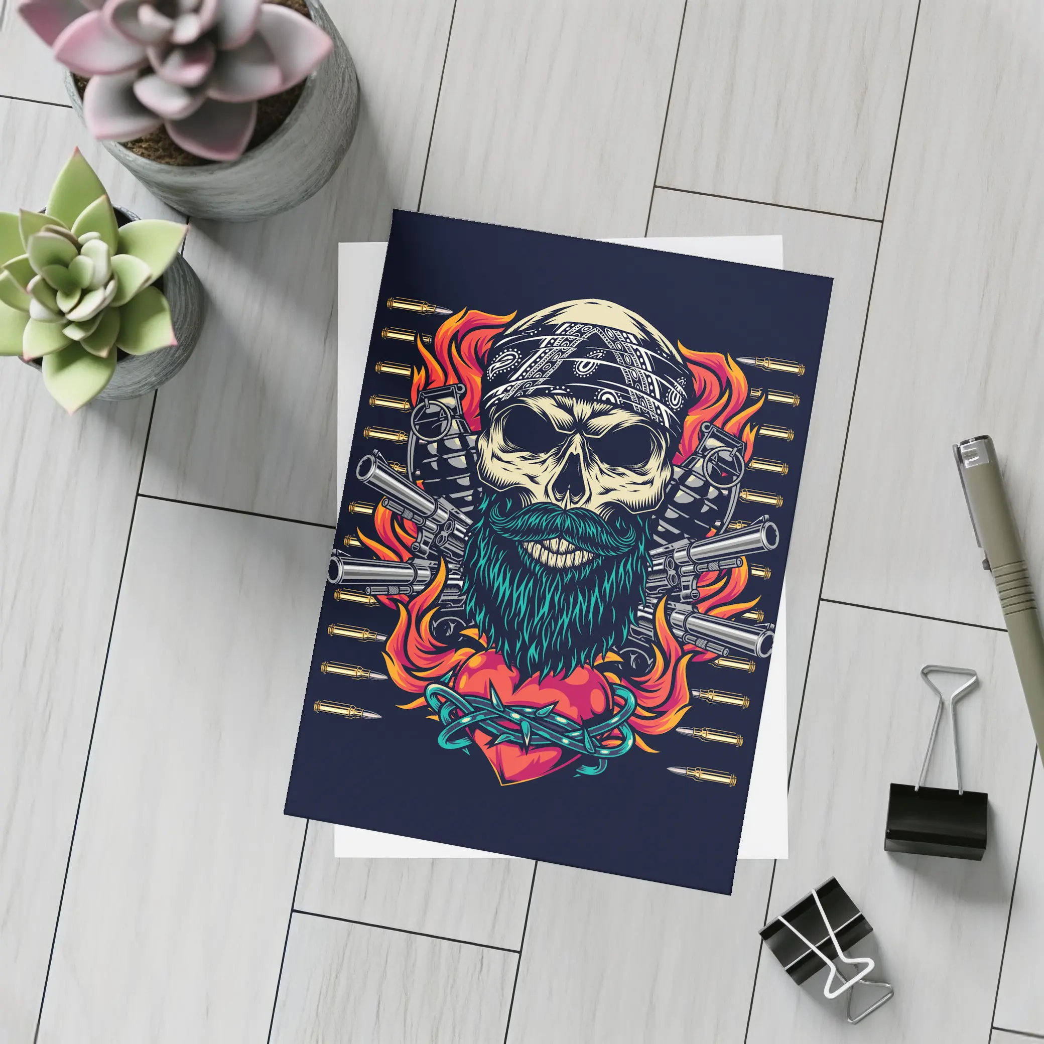 Bearded Skull Guns Flames Dark Background – Postcards