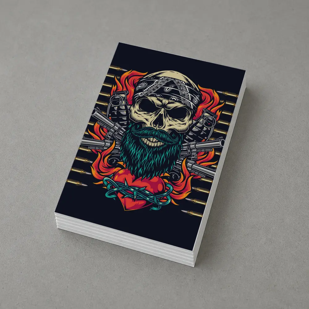 Bearded Skull Guns Flames Dark Background – Postcards