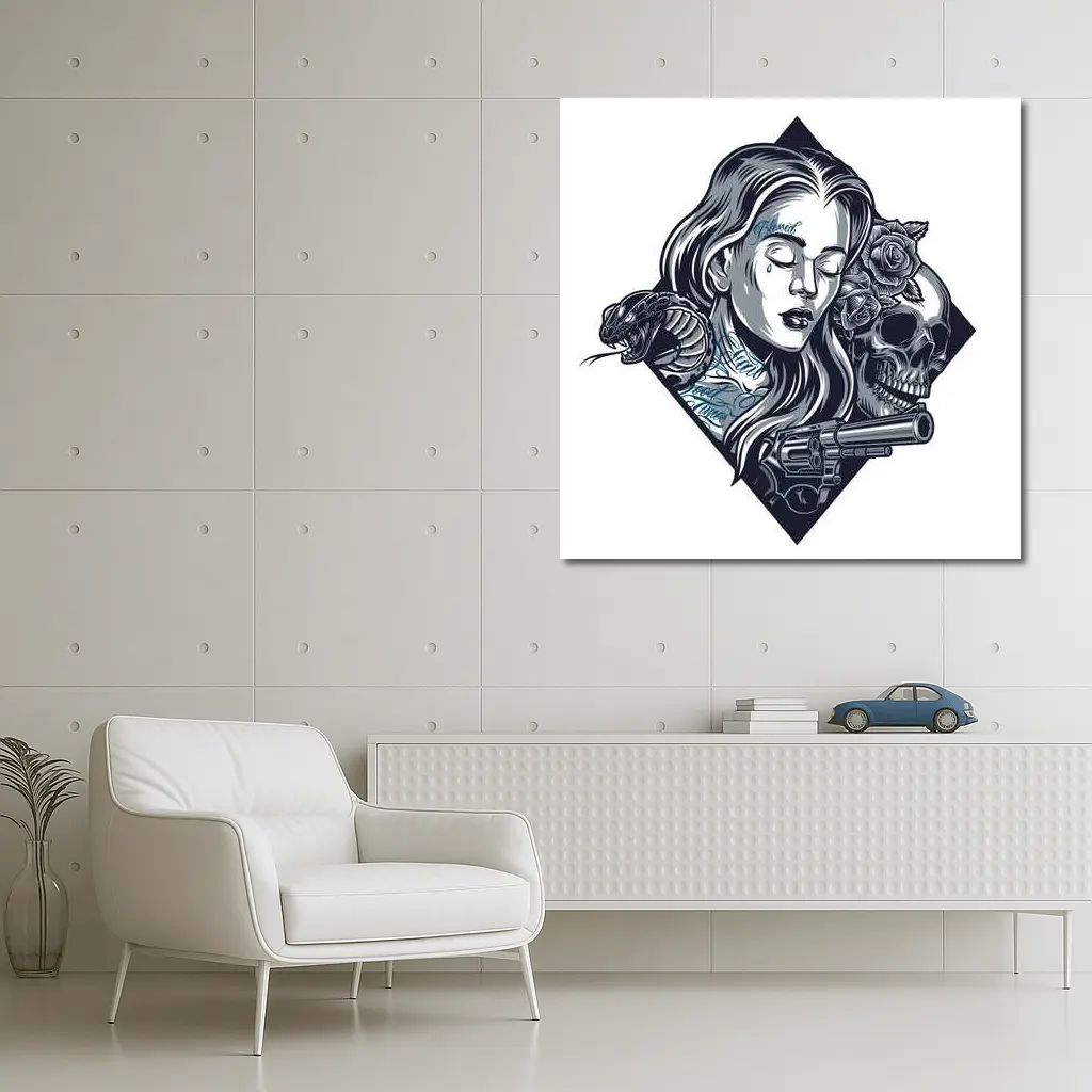 Chicano Tattoo Woman Skull Snake Roses – Wall Art