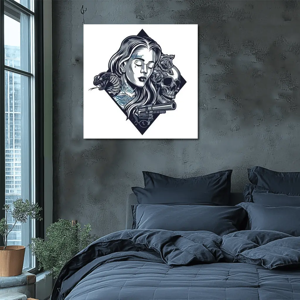 Chicano Tattoo Woman Skull Snake Roses – Wall Art