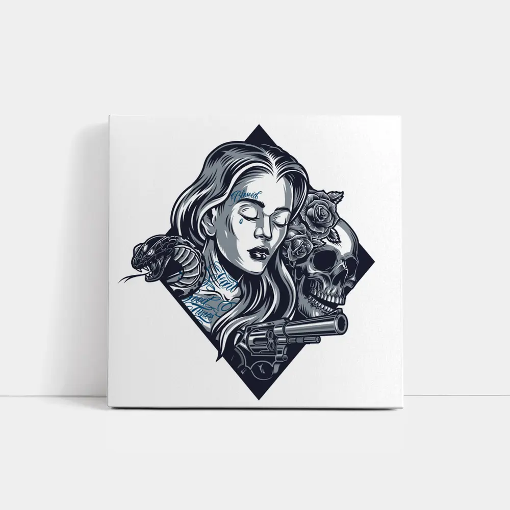 Chicano Tattoo Woman Skull Snake Roses – Wall Art