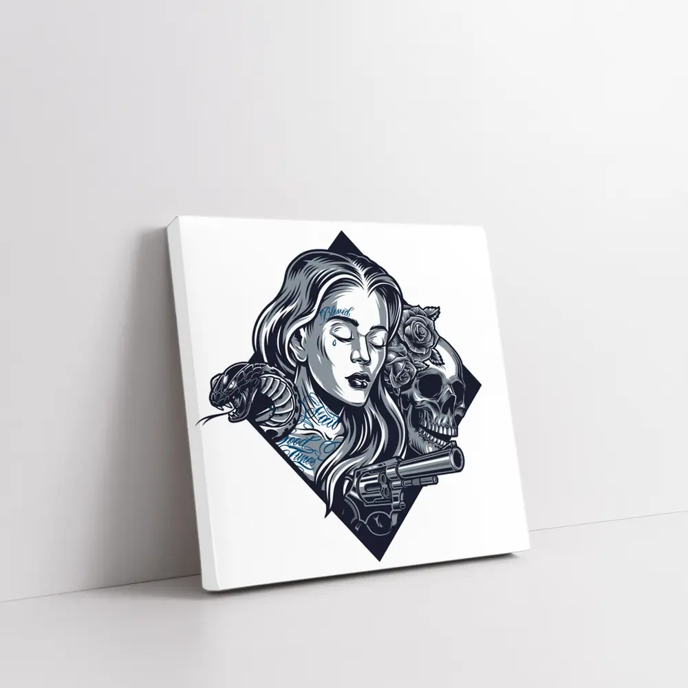 Chicano Tattoo Woman Skull Snake Roses – Wall Art