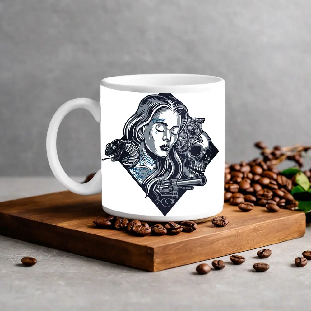 Chicano Tattoo Woman Skull Snake Roses – Mugs