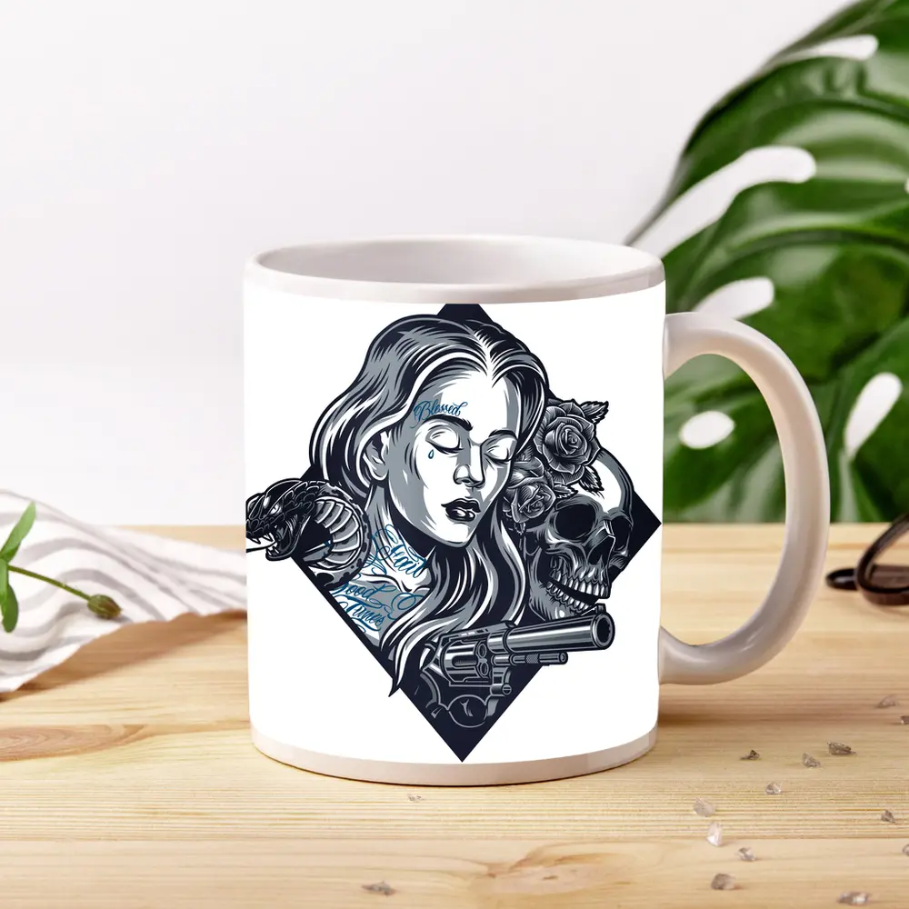 Chicano Tattoo Woman Skull Snake Roses – Mugs