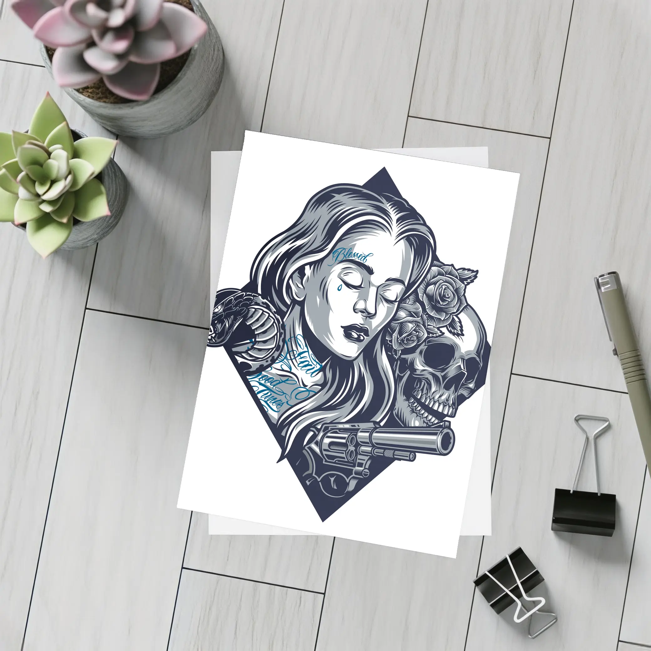 Chicano Tattoo Woman Skull Snake Roses – Postcards