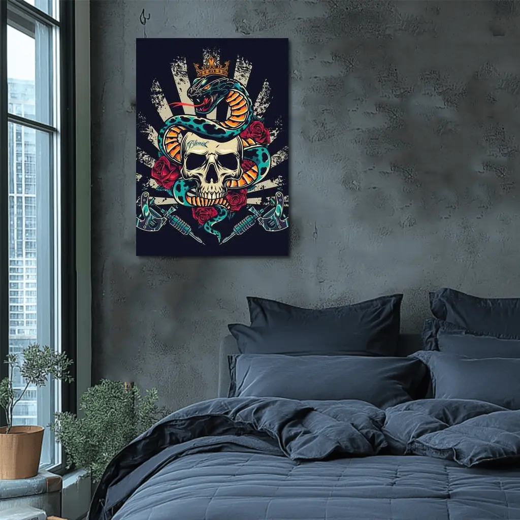 Crowned Snake Skull Roses Tattoo Dark Art – Wall Art