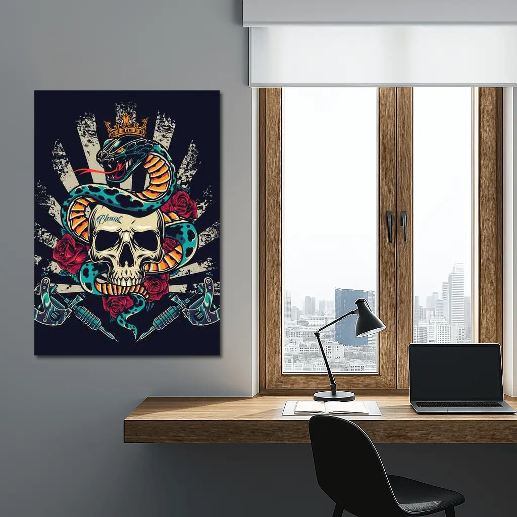 Crowned Snake Skull Roses Tattoo Dark Art – Wall Art