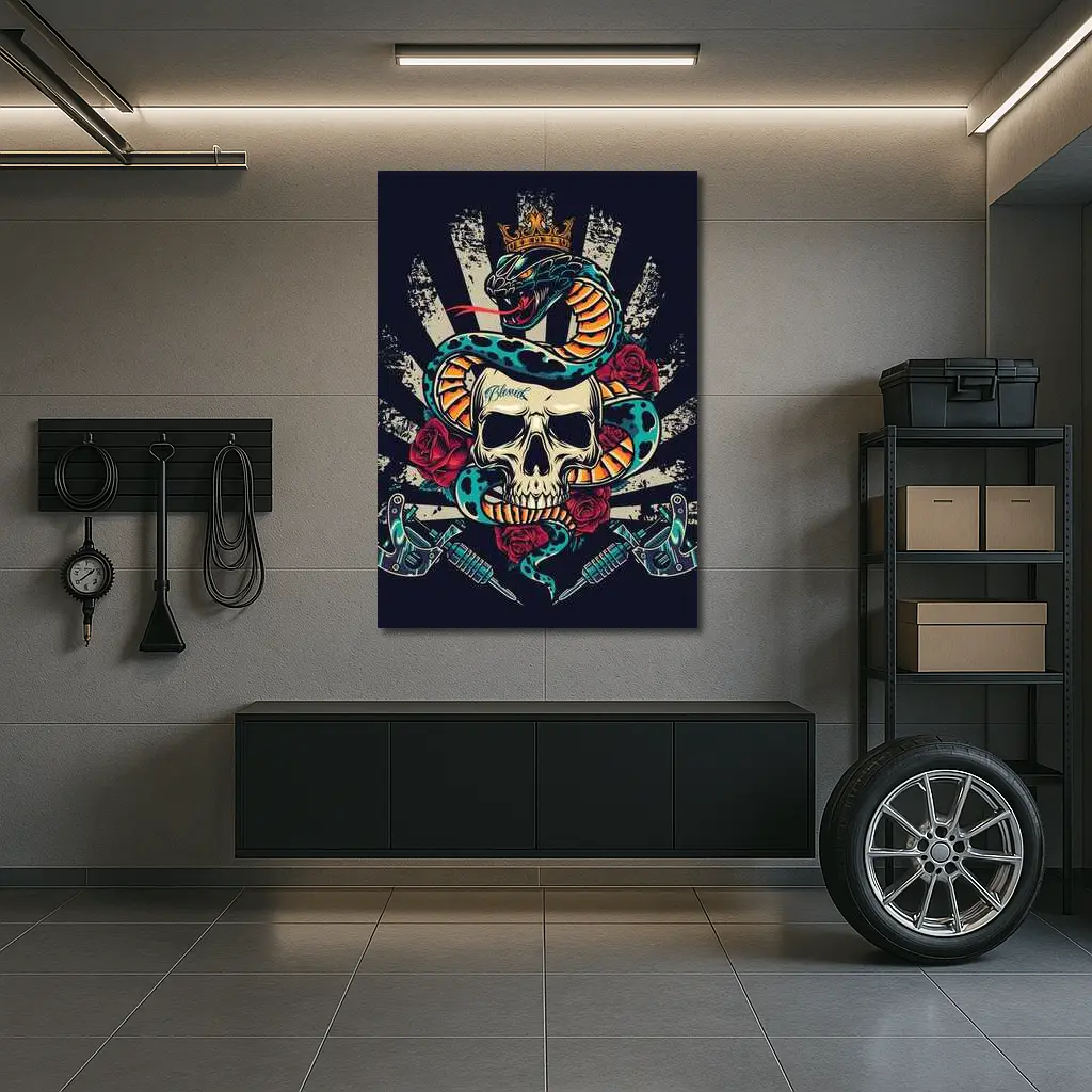 Crowned Snake Skull Roses Tattoo Dark Art – Wall Art