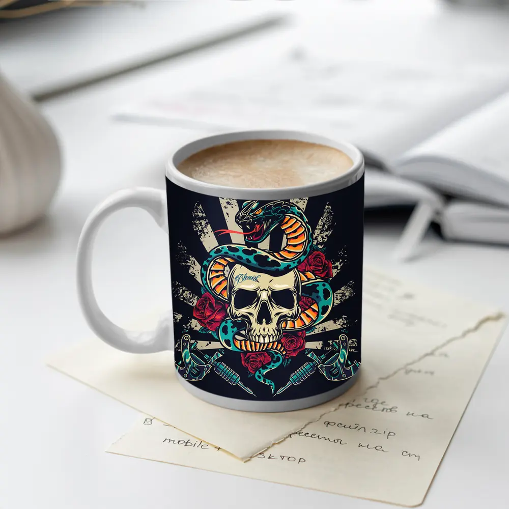 Crowned Snake Skull Roses Tattoo Dark Art – Mugs