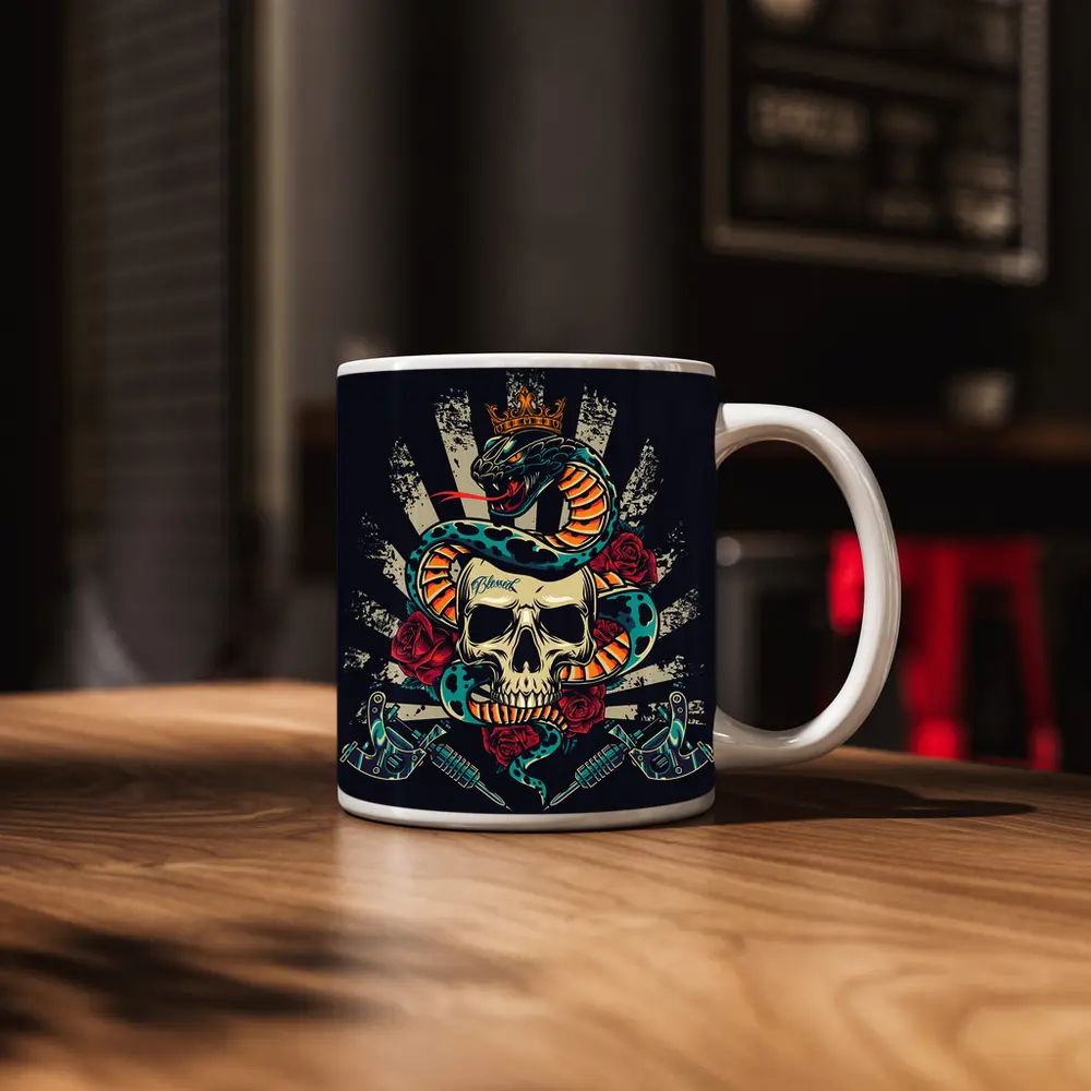 Crowned Snake Skull Roses Tattoo Dark Art – Mugs