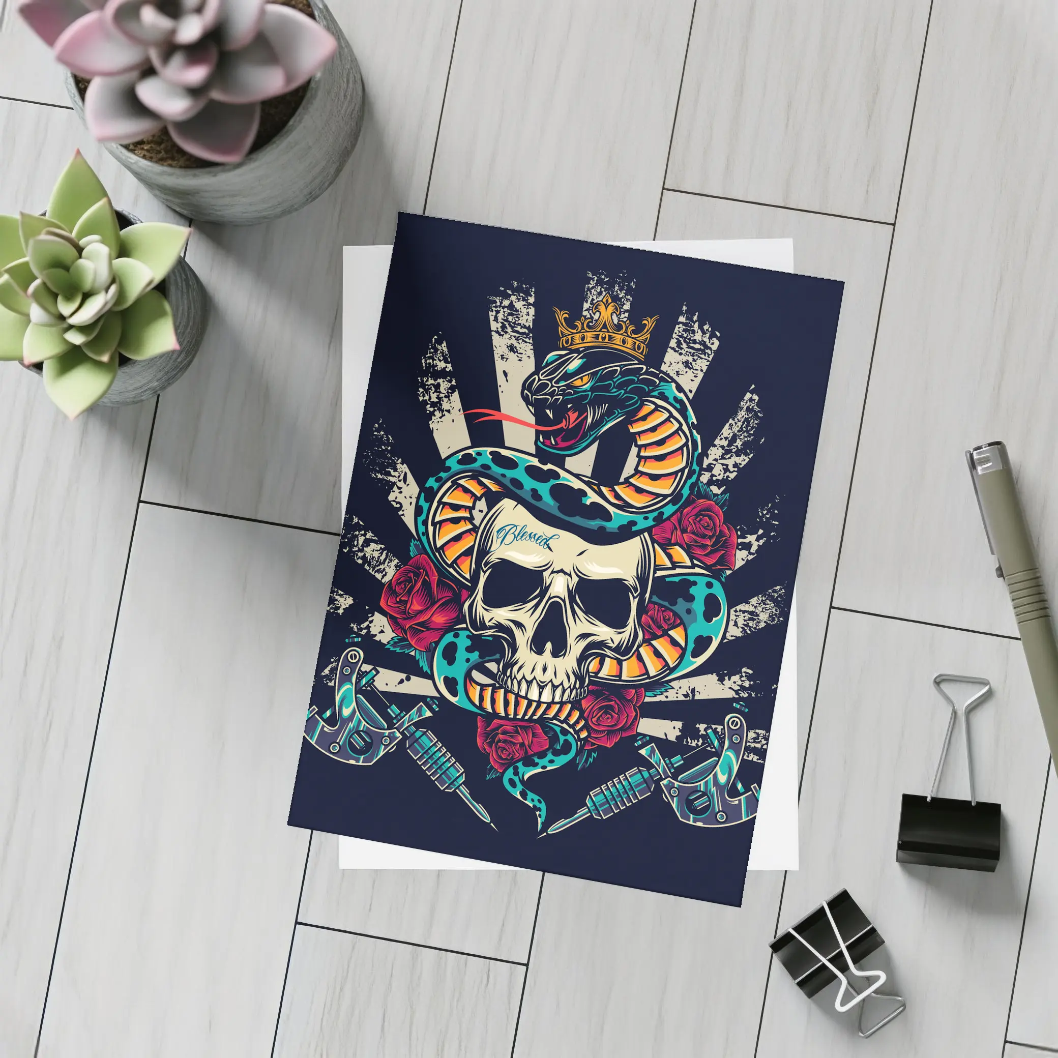 Crowned Snake Skull Roses Tattoo Dark Art – Postcards