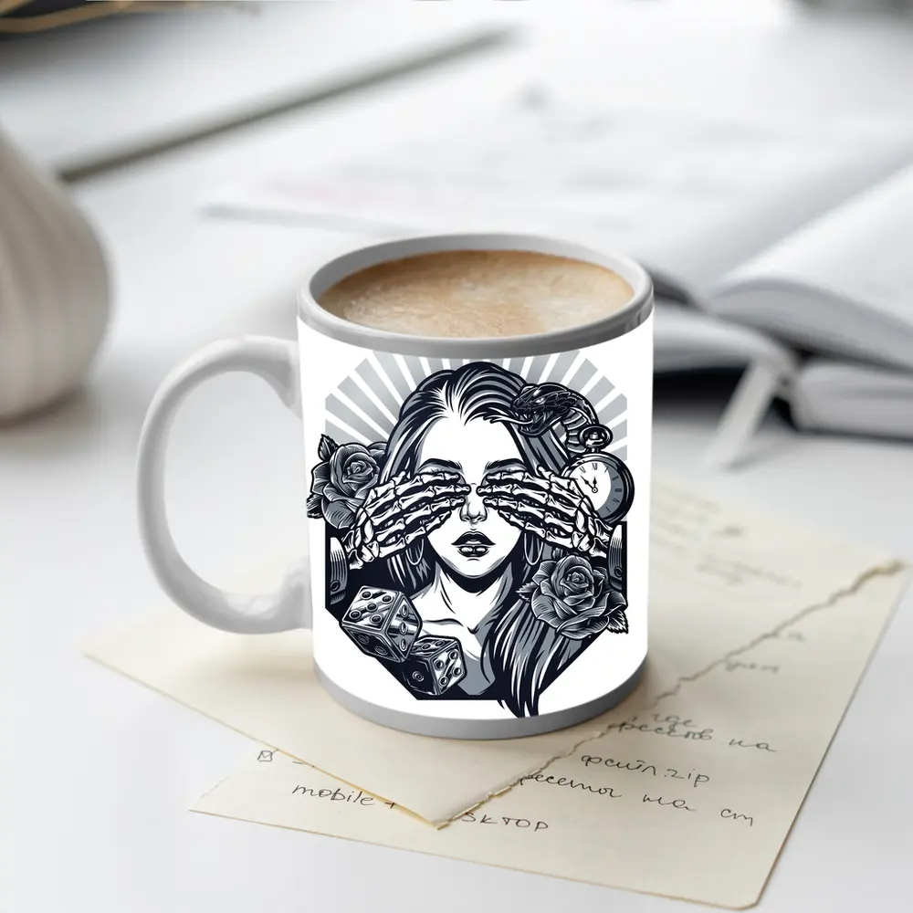 Skeleton Hands Woman Roses Dice Tattoo Art – Mugs
