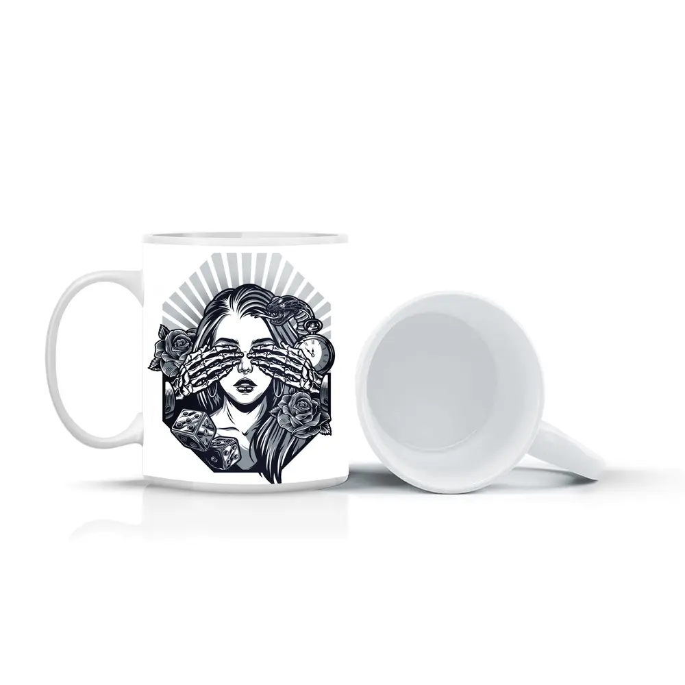 Skeleton Hands Woman Roses Dice Tattoo Art – Mugs