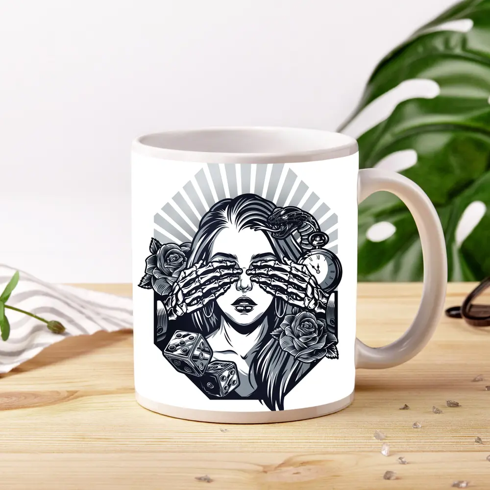 Skeleton Hands Woman Roses Dice Tattoo Art – Mugs