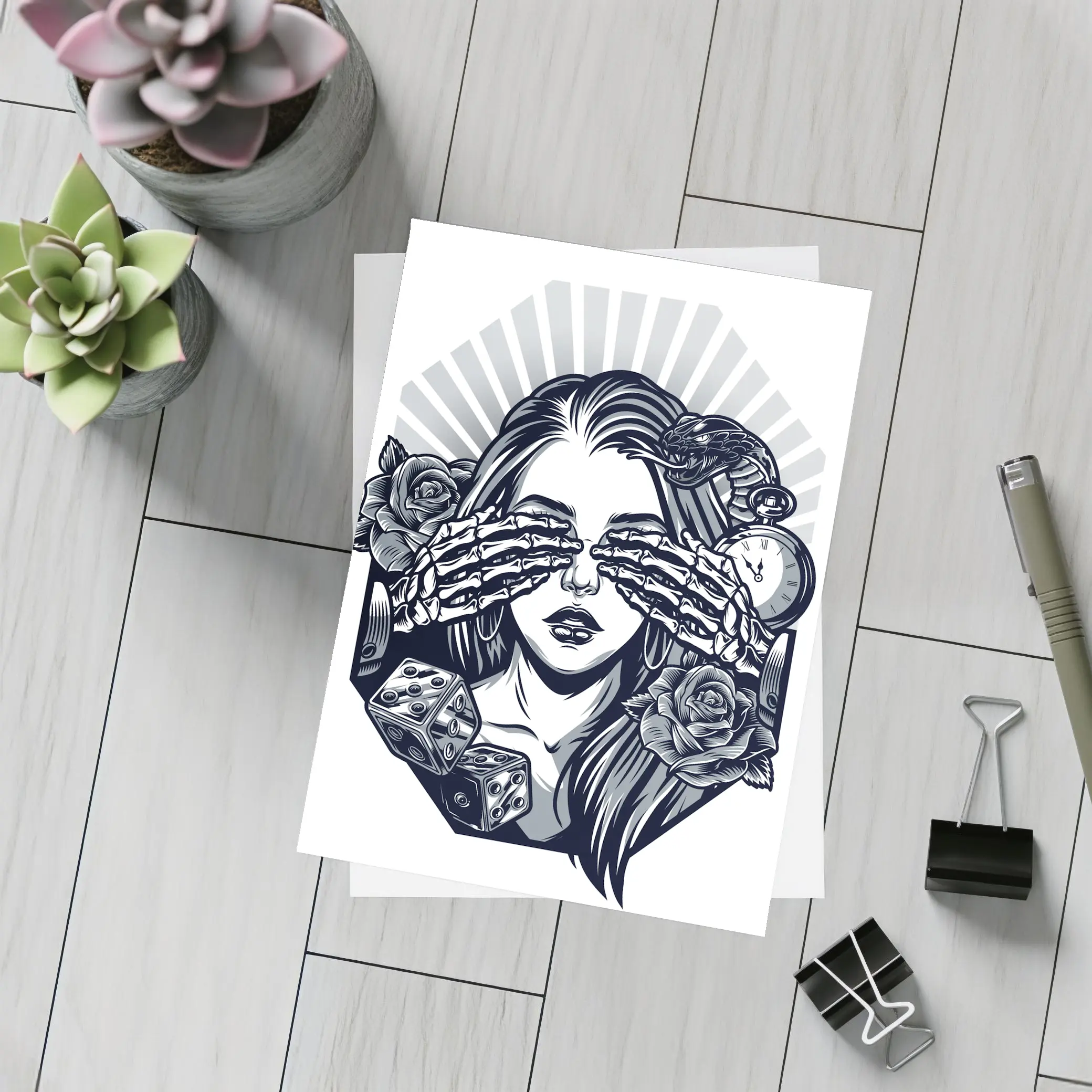 Skeleton Hands Woman Roses Dice Tattoo Art – Postcards