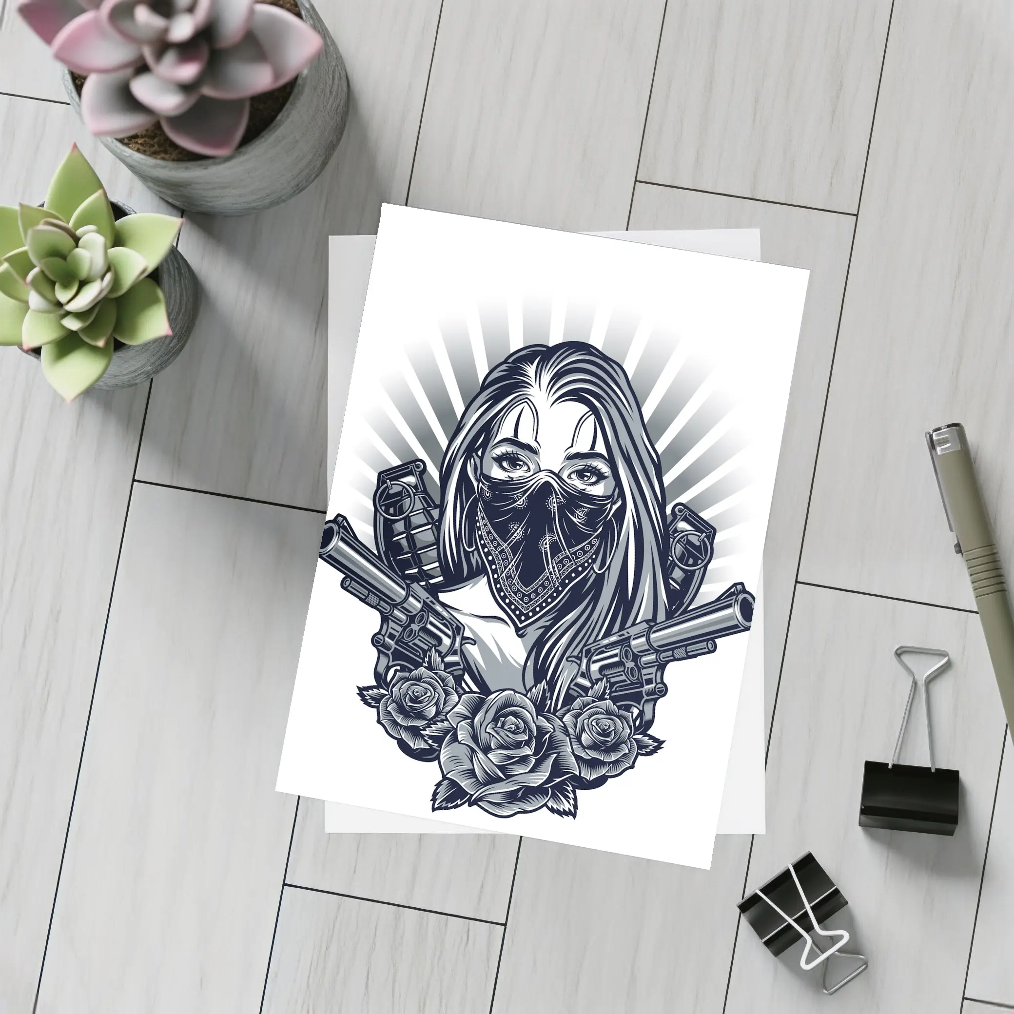Gangster Girl Bandana Crossed Guns Roses – Postcards