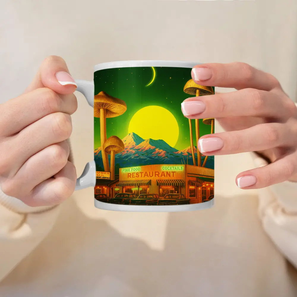 Surreal Mushroom Restaurant Retro Night Scene – Mugs