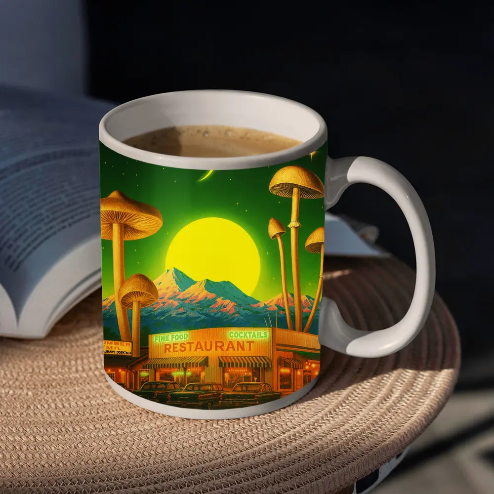 Surreal Mushroom Restaurant Retro Night Scene – Mugs