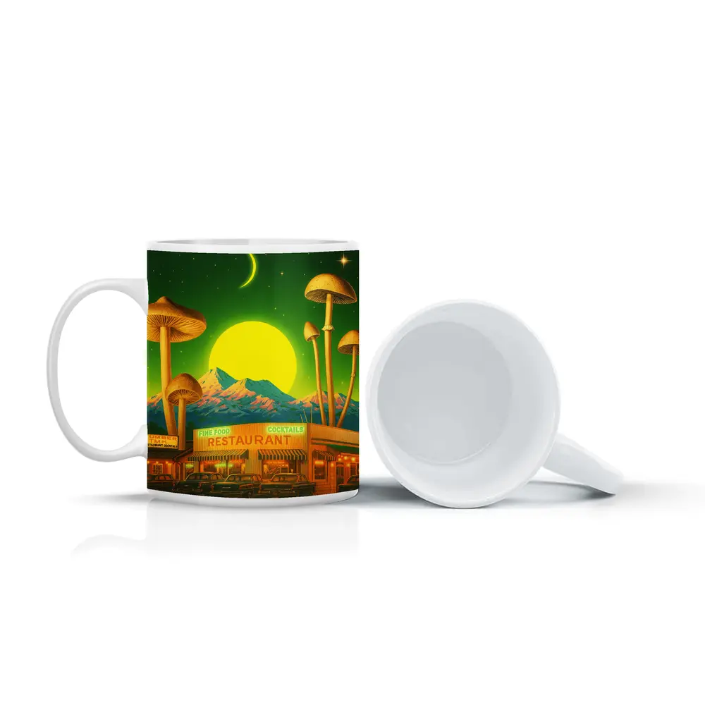 Surreal Mushroom Restaurant Retro Night Scene – Mugs