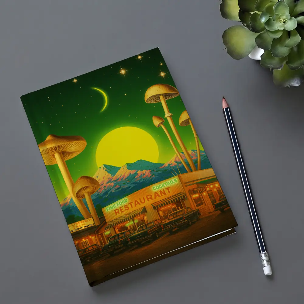 Surreal Mushroom Restaurant Retro Night Scene – Notebooks