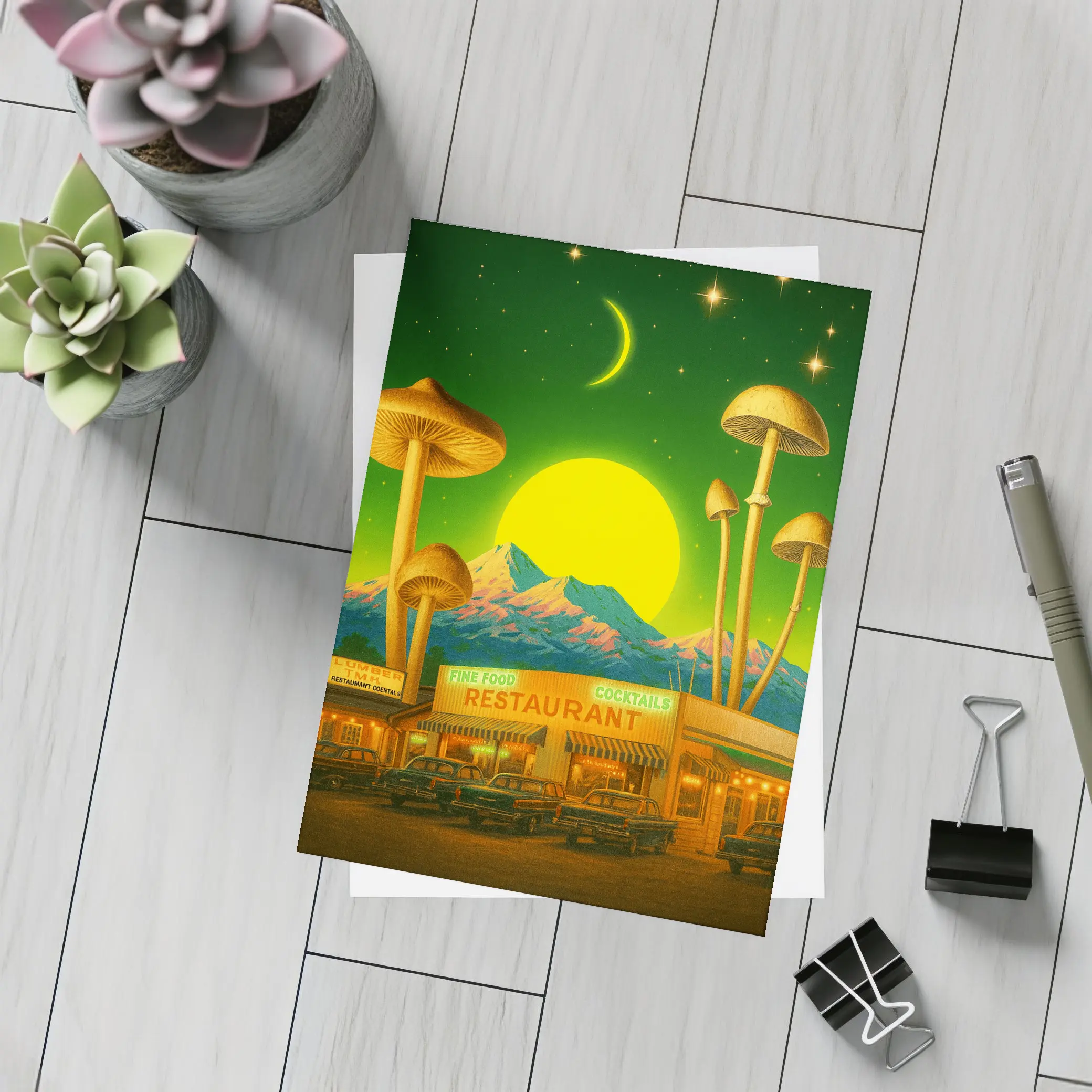 Surreal Mushroom Restaurant Retro Night Scene – Postcards