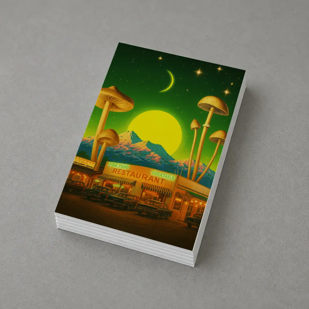 Surreal Mushroom Restaurant Retro Night Scene – Postcards