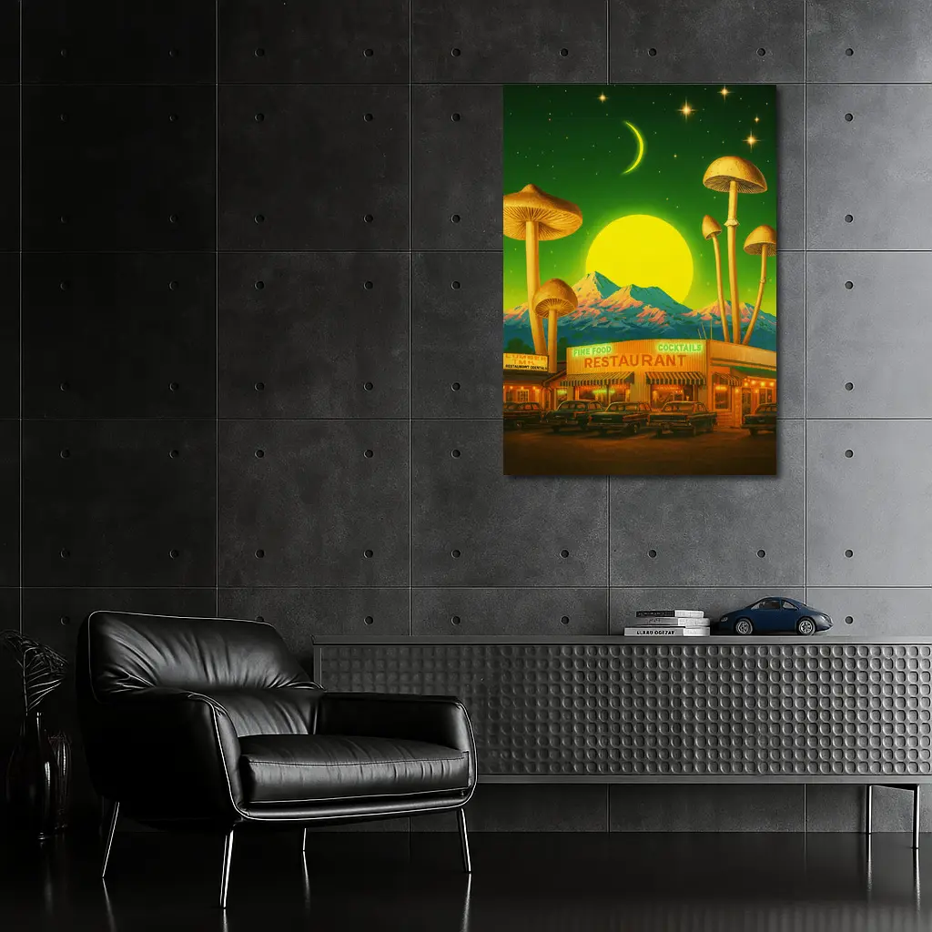 Surreal Mushroom Restaurant Retro Night Scene – Wall Art