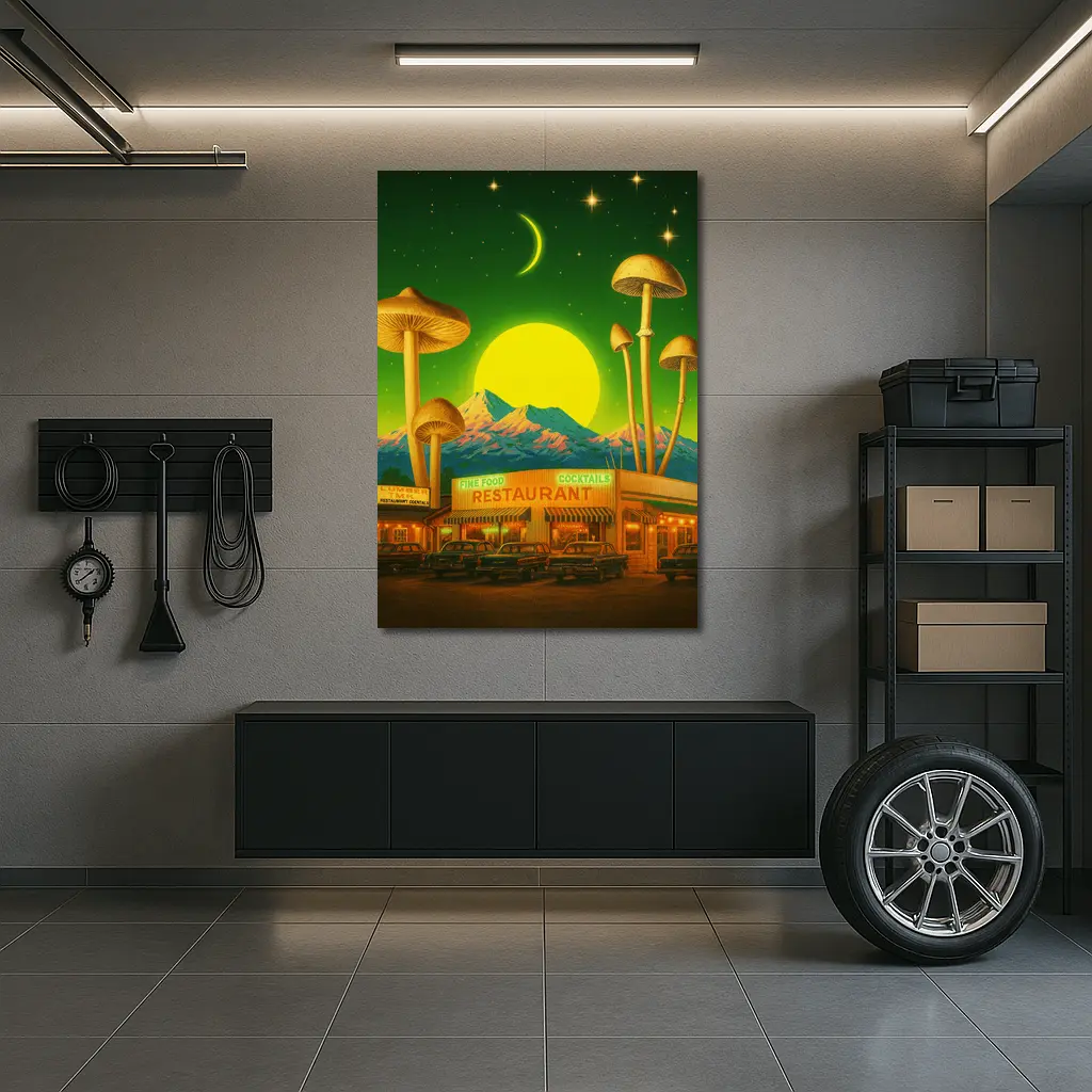 Surreal Mushroom Restaurant Retro Night Scene – Wall Art