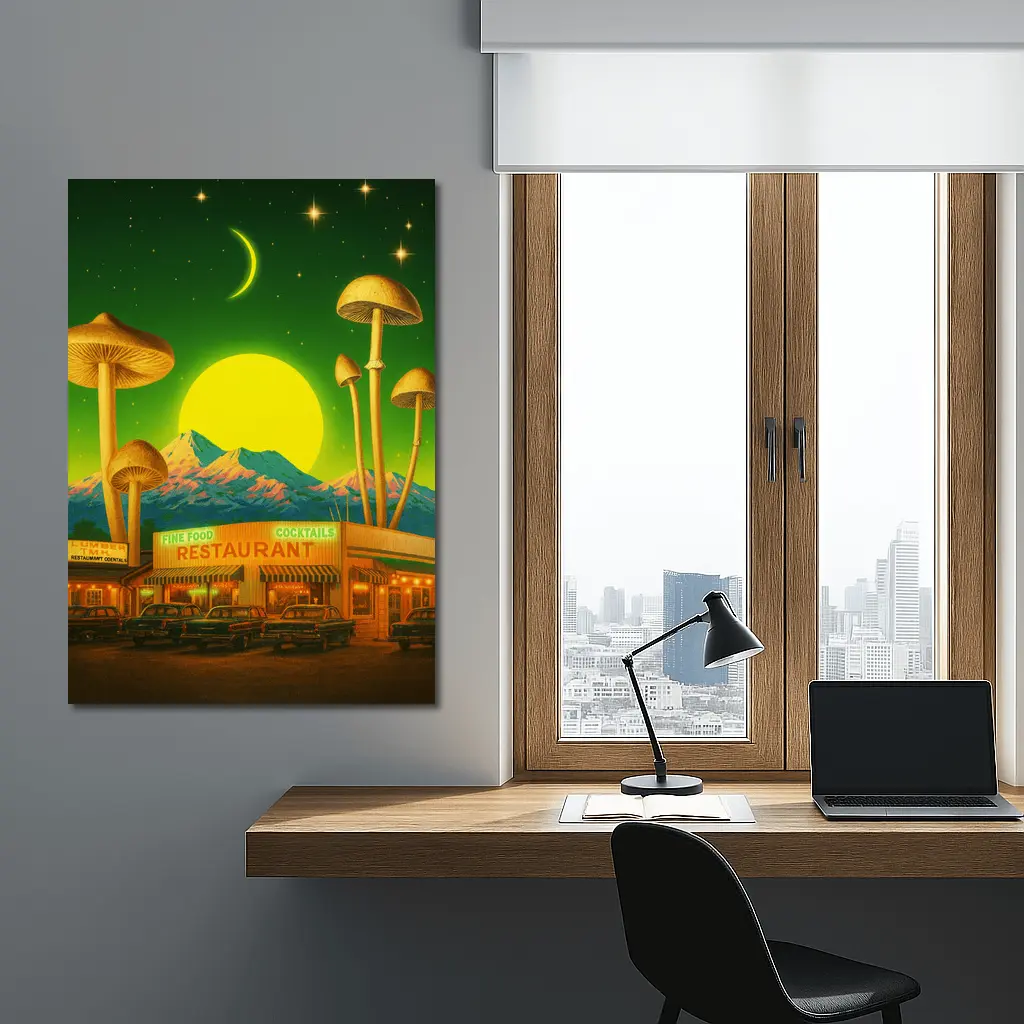 Surreal Mushroom Restaurant Retro Night Scene – Wall Art