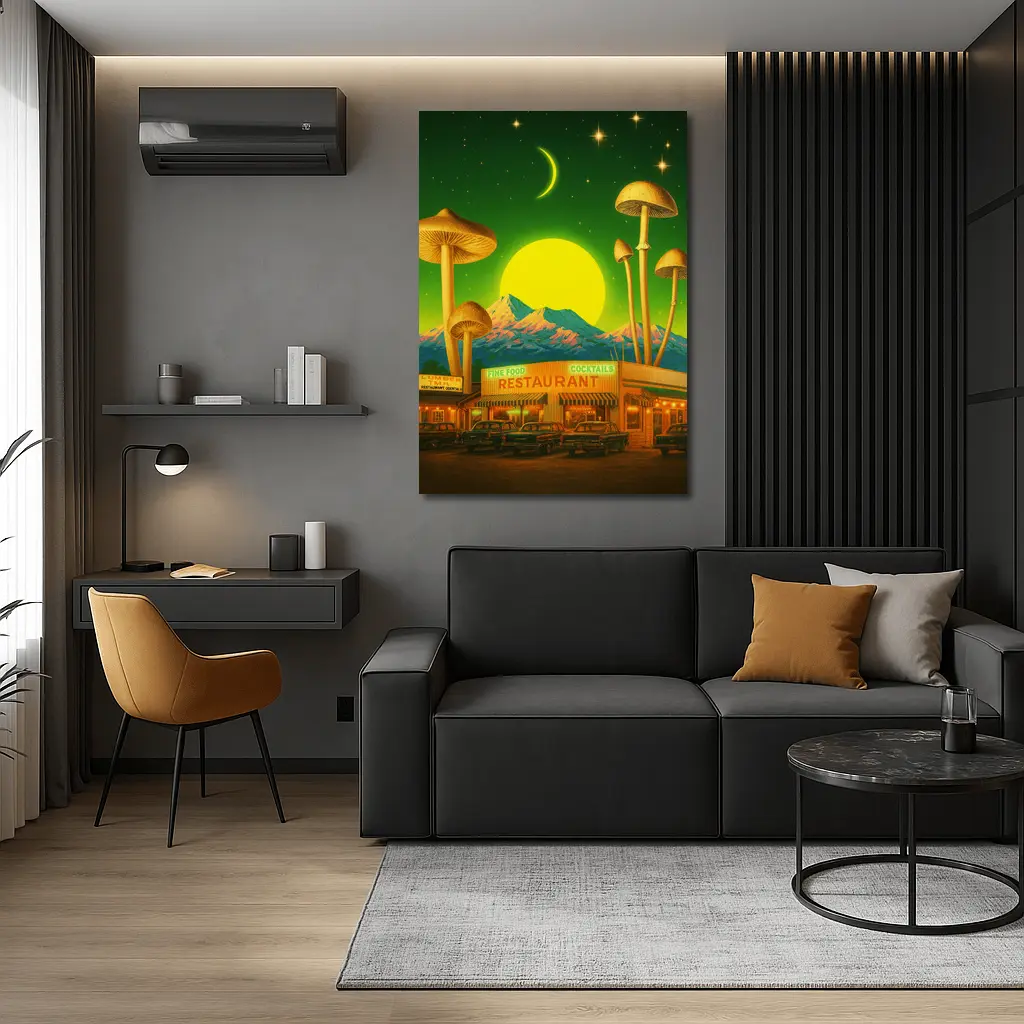 Surreal Mushroom Restaurant Retro Night Scene – Wall Art