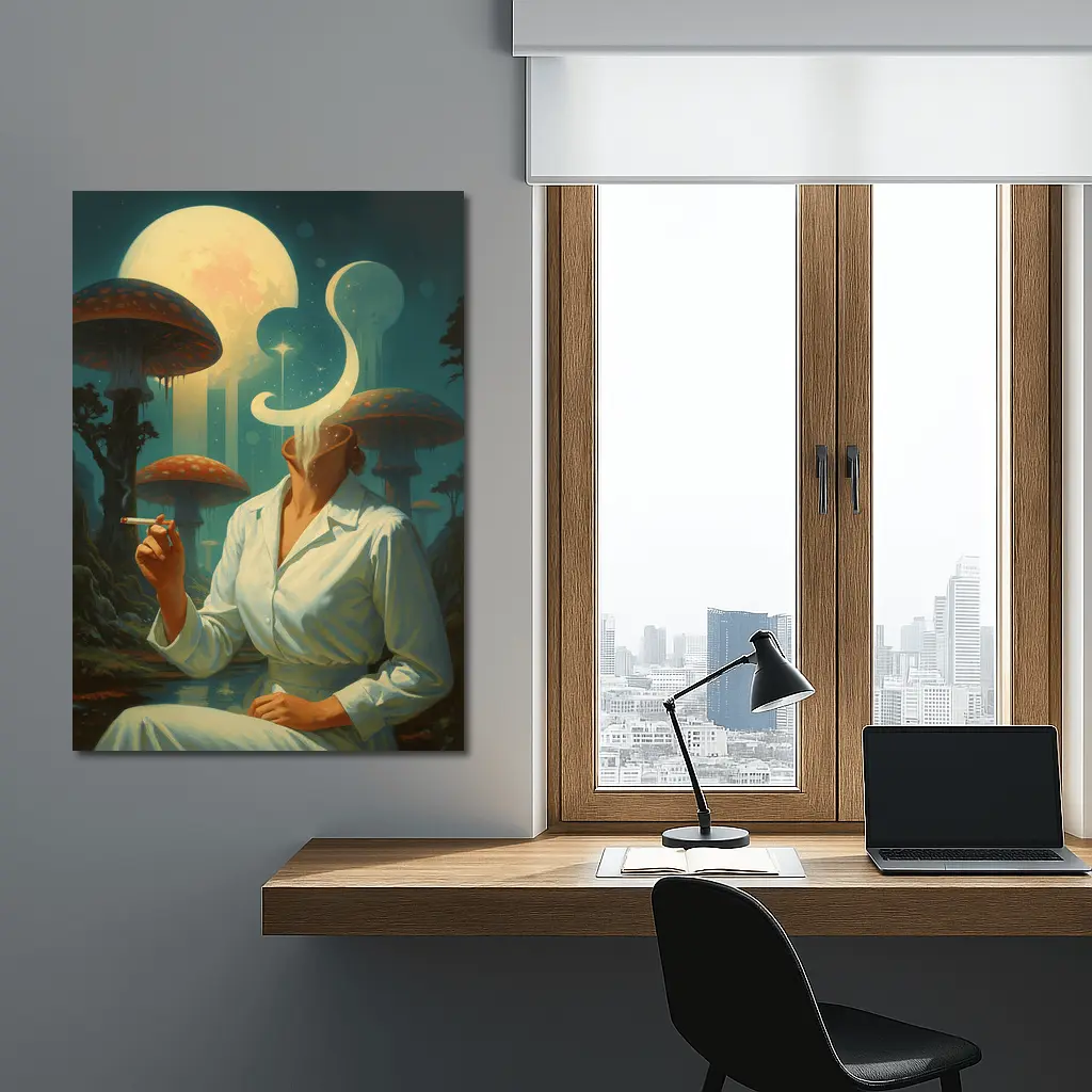 Surreal Woman Smoking Giant Mushroom Forest – Wall Art