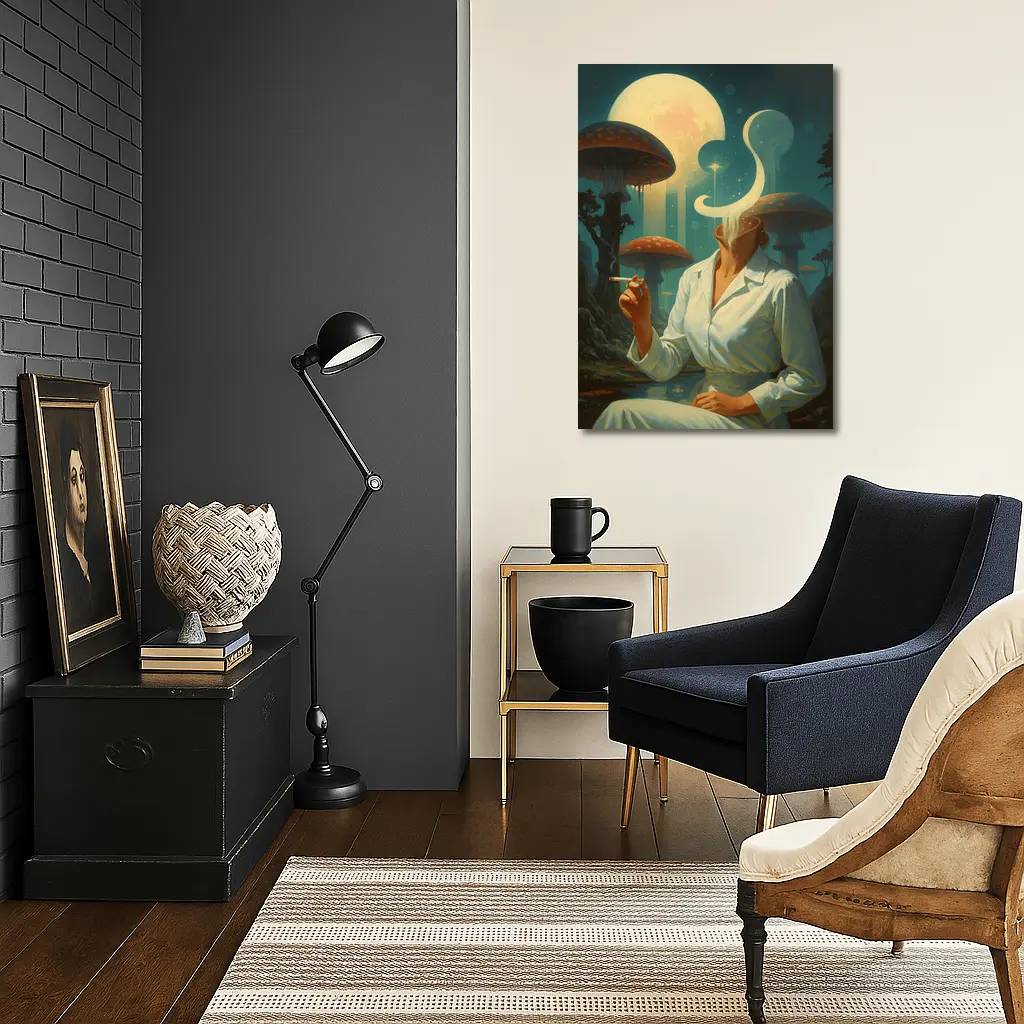 Surreal Woman Smoking Giant Mushroom Forest – Wall Art