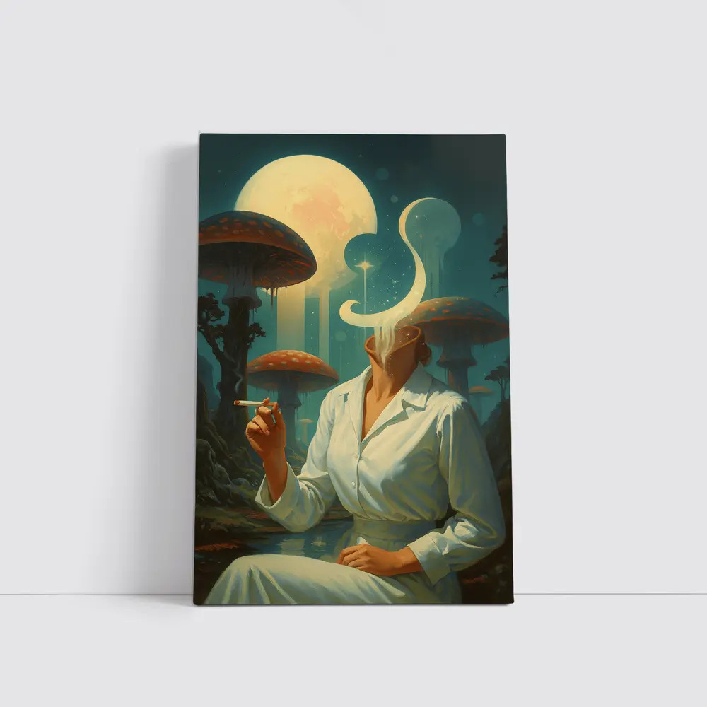 Surreal Woman Smoking Giant Mushroom Forest – Wall Art