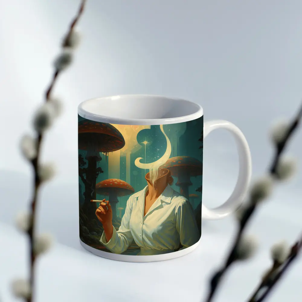 Surreal Woman Smoking Giant Mushroom Forest – Mugs