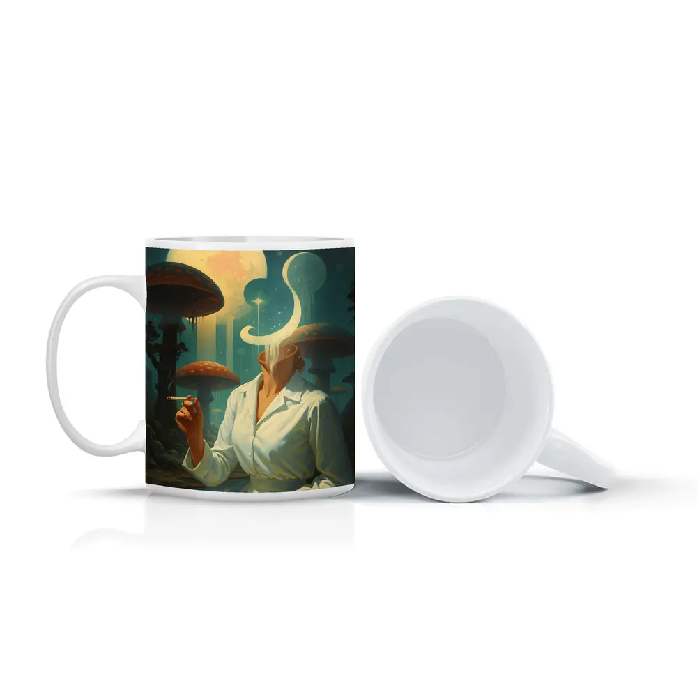 Surreal Woman Smoking Giant Mushroom Forest – Mugs