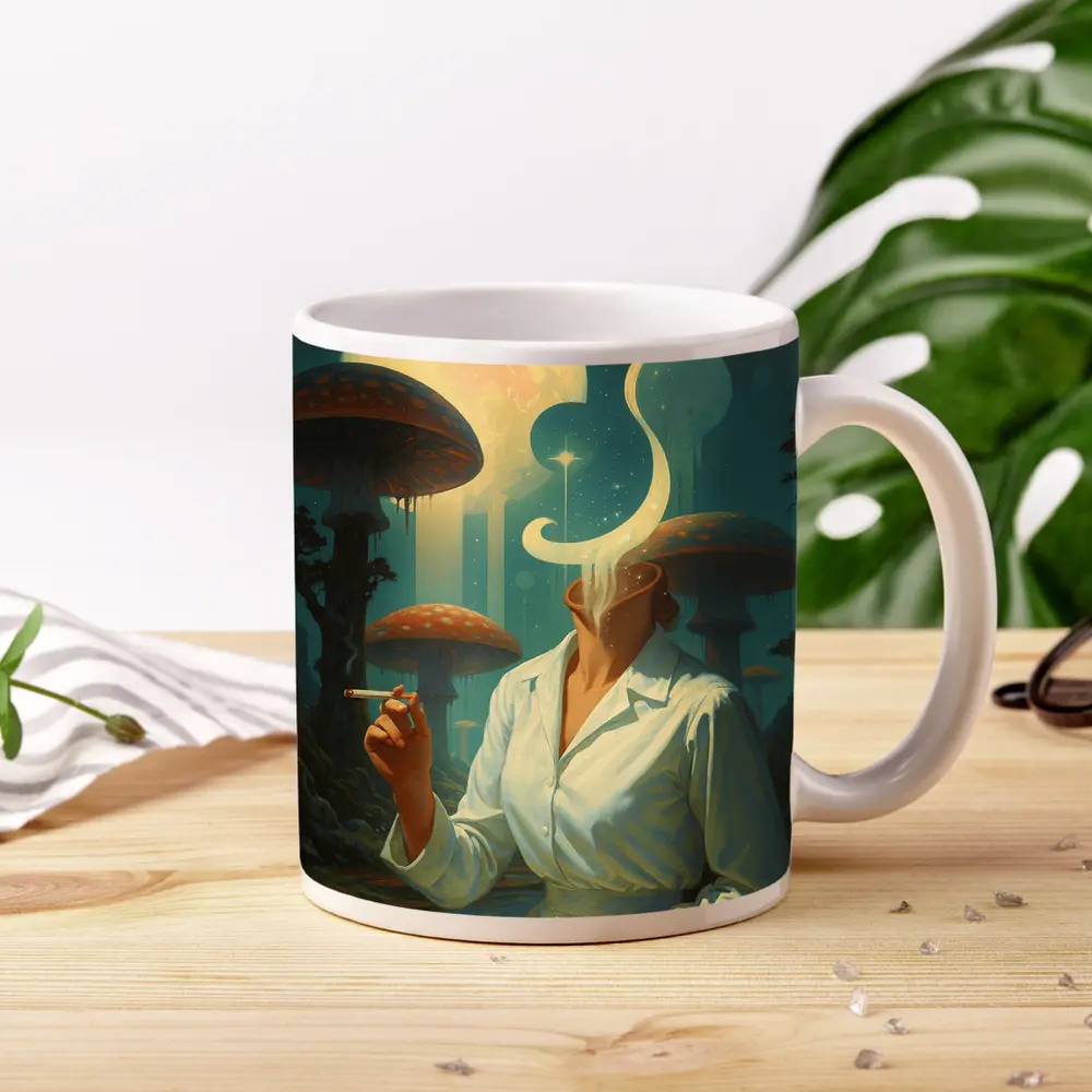 Surreal Woman Smoking Giant Mushroom Forest – Mugs
